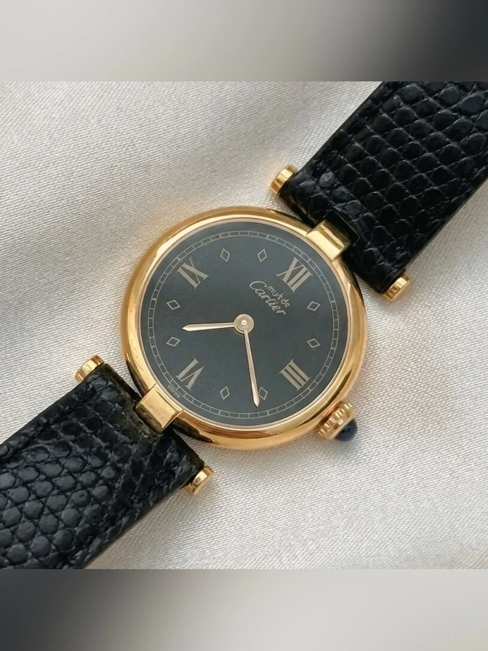 AUTHENTIC VINTAGE CARTIER BLACK LEATHER WATCH - WITH BOX - Picture 3 of 5